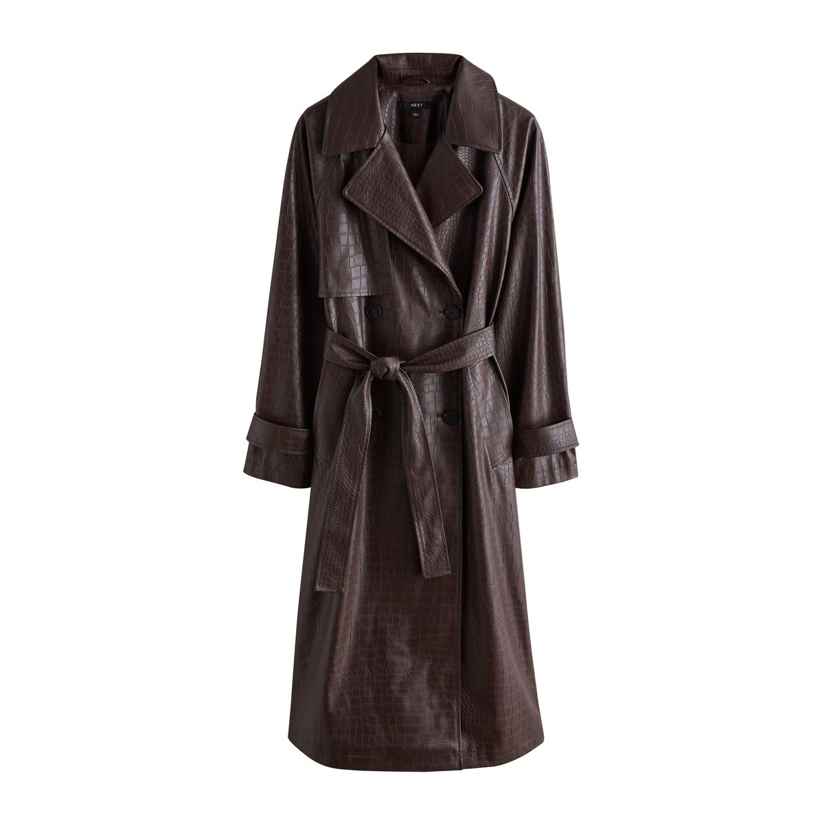 Trench en similicuir effet croco à ceinture marron chocolat, NEXT