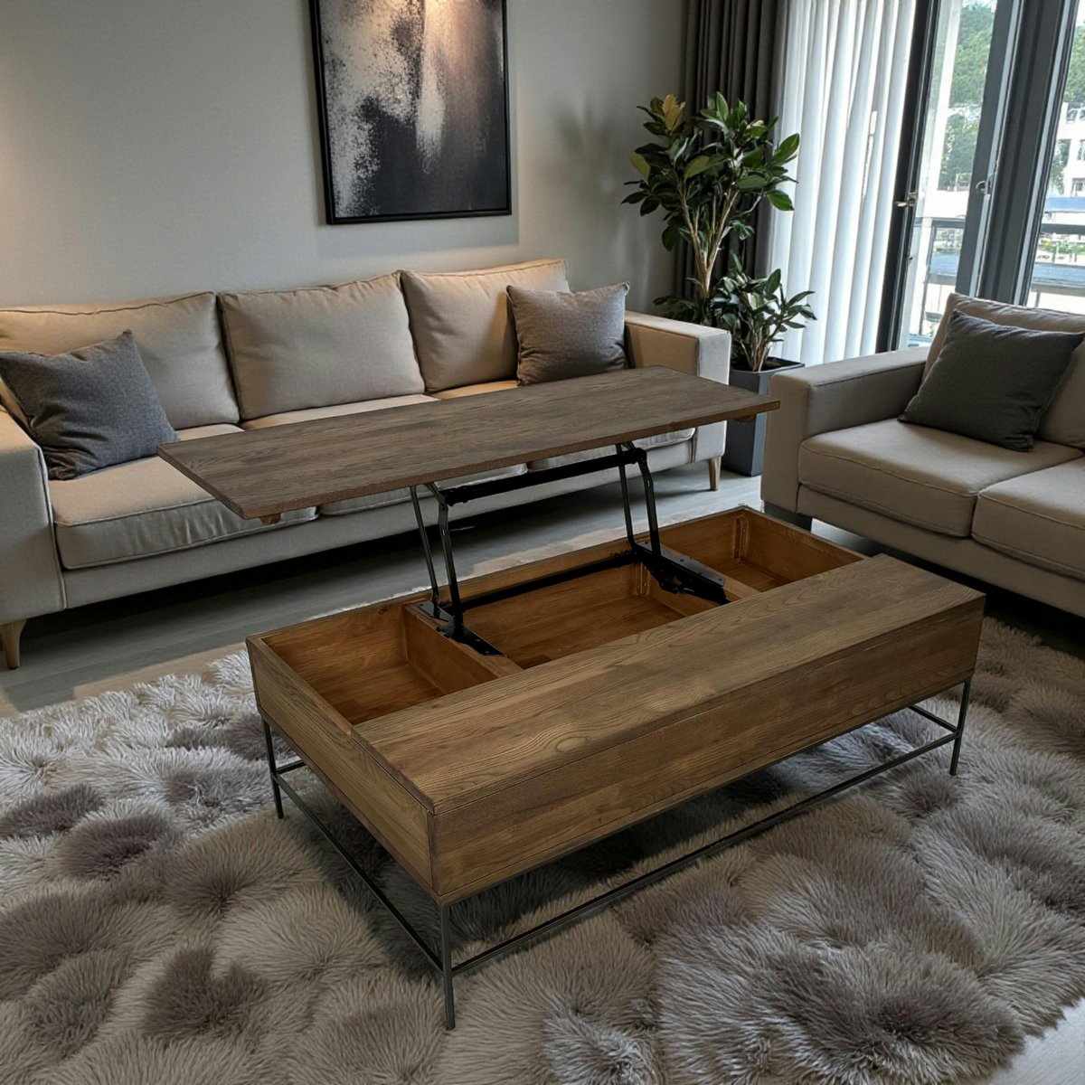Table basse relevable en bois massif et métal avec rangement style industriel contemporain HUDSON bois naturel, PIER IMPORT