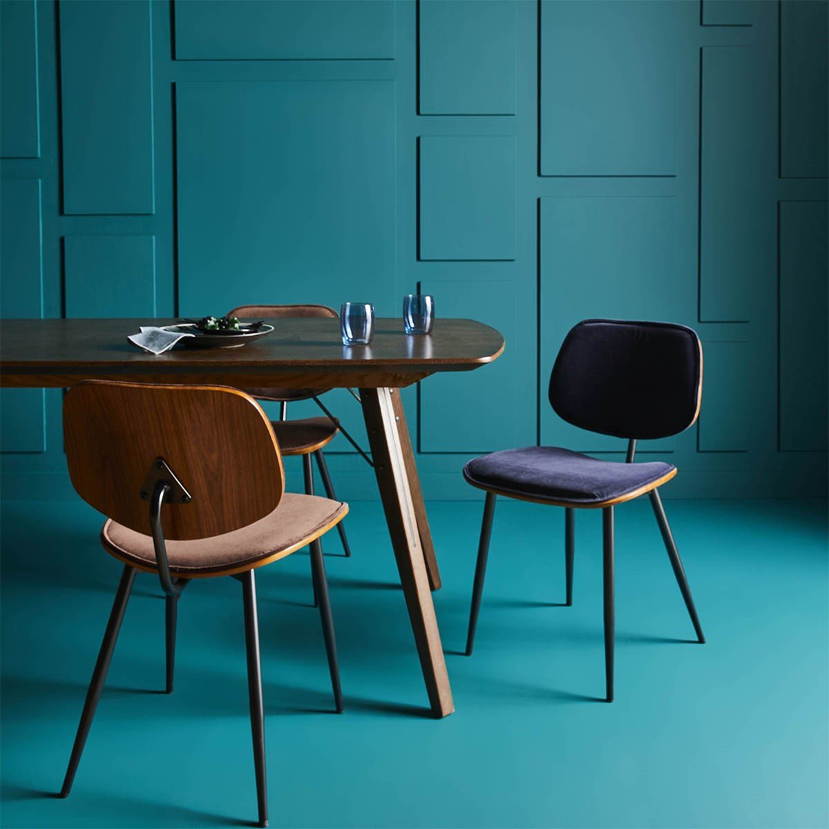 Lot de 2 Chaises en Velours avec Finition Bois - Olympia bleu, SIGNATURE