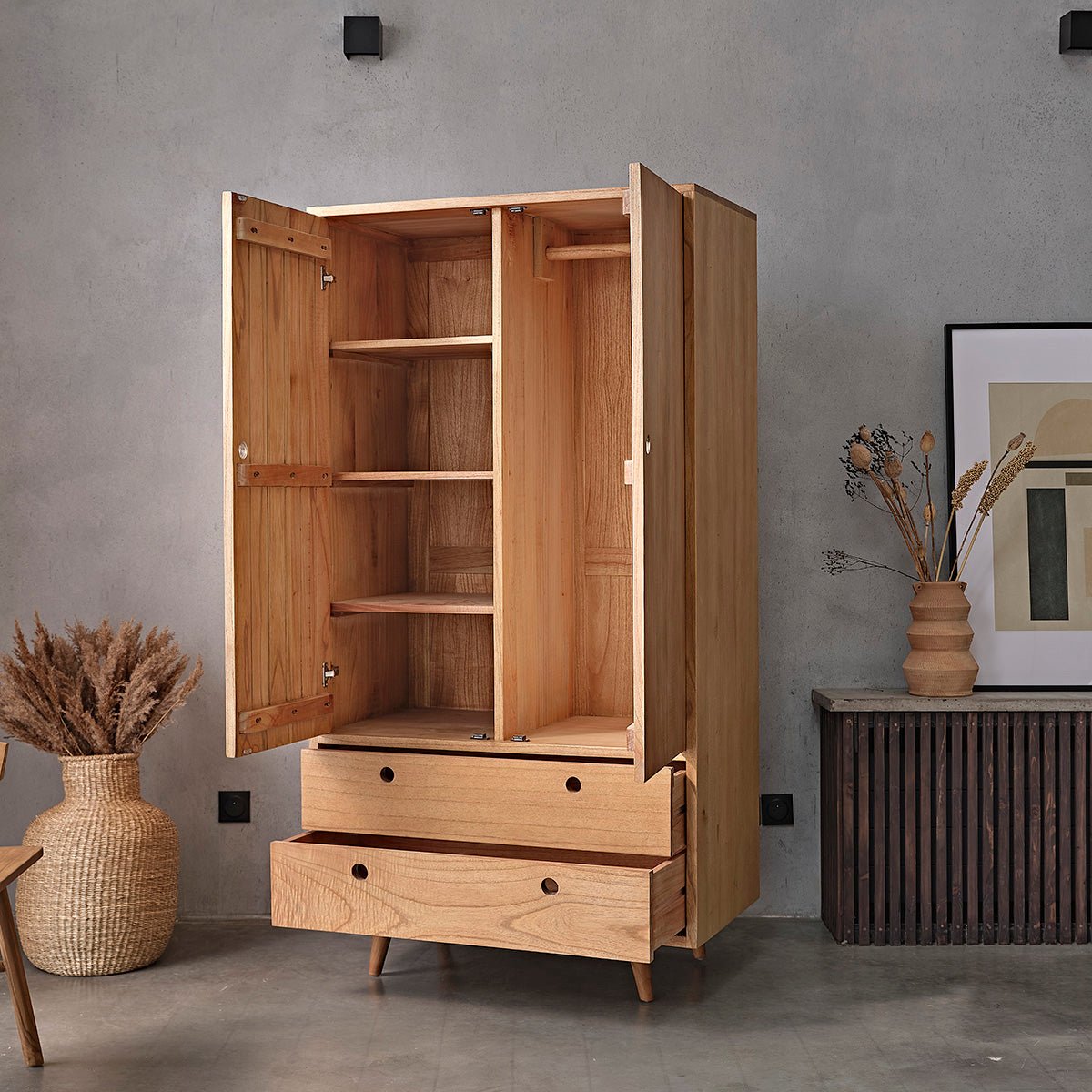 Armoire 2 portes et 2 tiroirs en bois massif ESMEE naturel, BERAH GETAH