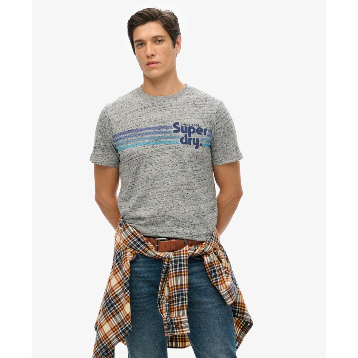 T-shirt col rond à logo gris silex poudré, SUPERDRY