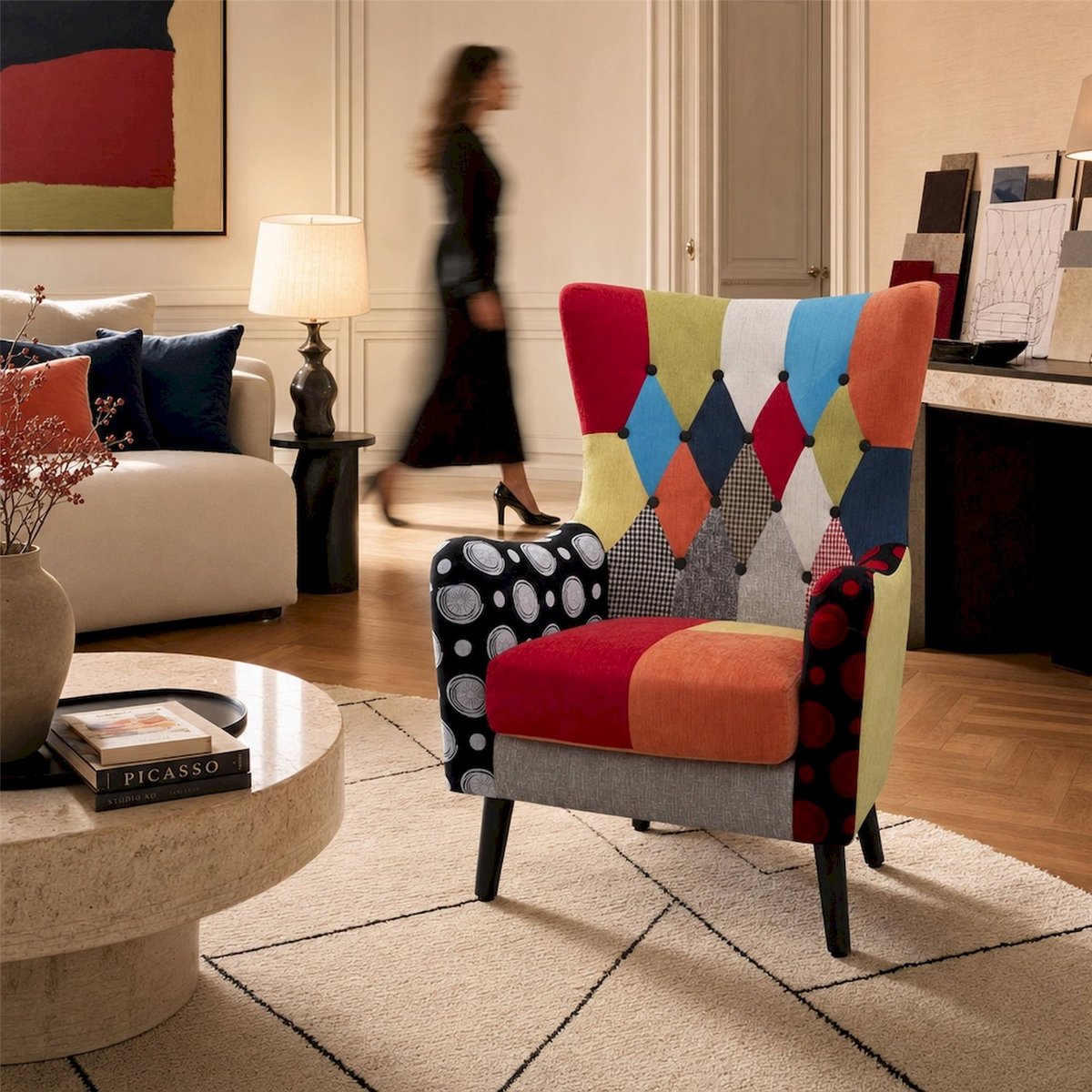 Fauteuil velours patchwork haut dossier INDUSTRIAL patchwork multicolore, RECOLLECTION