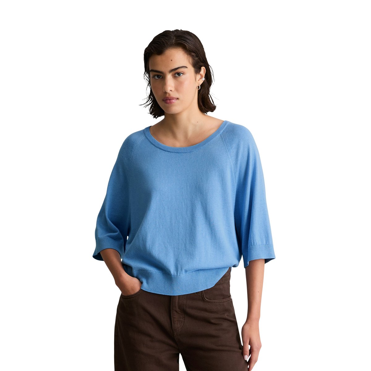 Pull à manches courtes relaxed en doux mélange de coton organique et de modal bleu moyen, MARC O’POLO DENIM