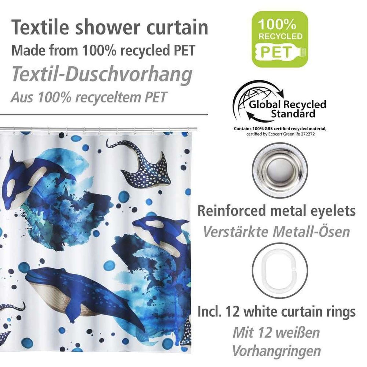 Rideau de douche en polyester recyclé à motifs animaux marins bleu, WENKO
