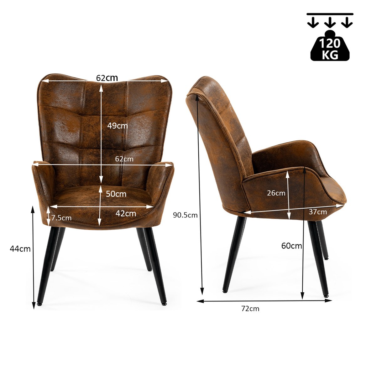 Fauteuil confortable bas style rétro vintage dossier moyen assise confortable pieds métal, KANAS marron, MEUBLES COSY