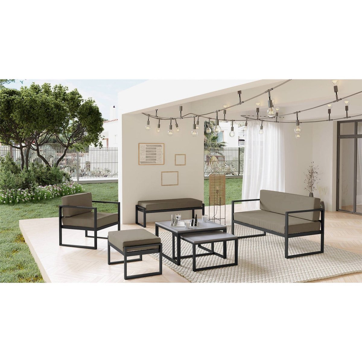 Pouf de jardin tissu déperlant DYWILLY gris et noir garden, RECOLLECTION