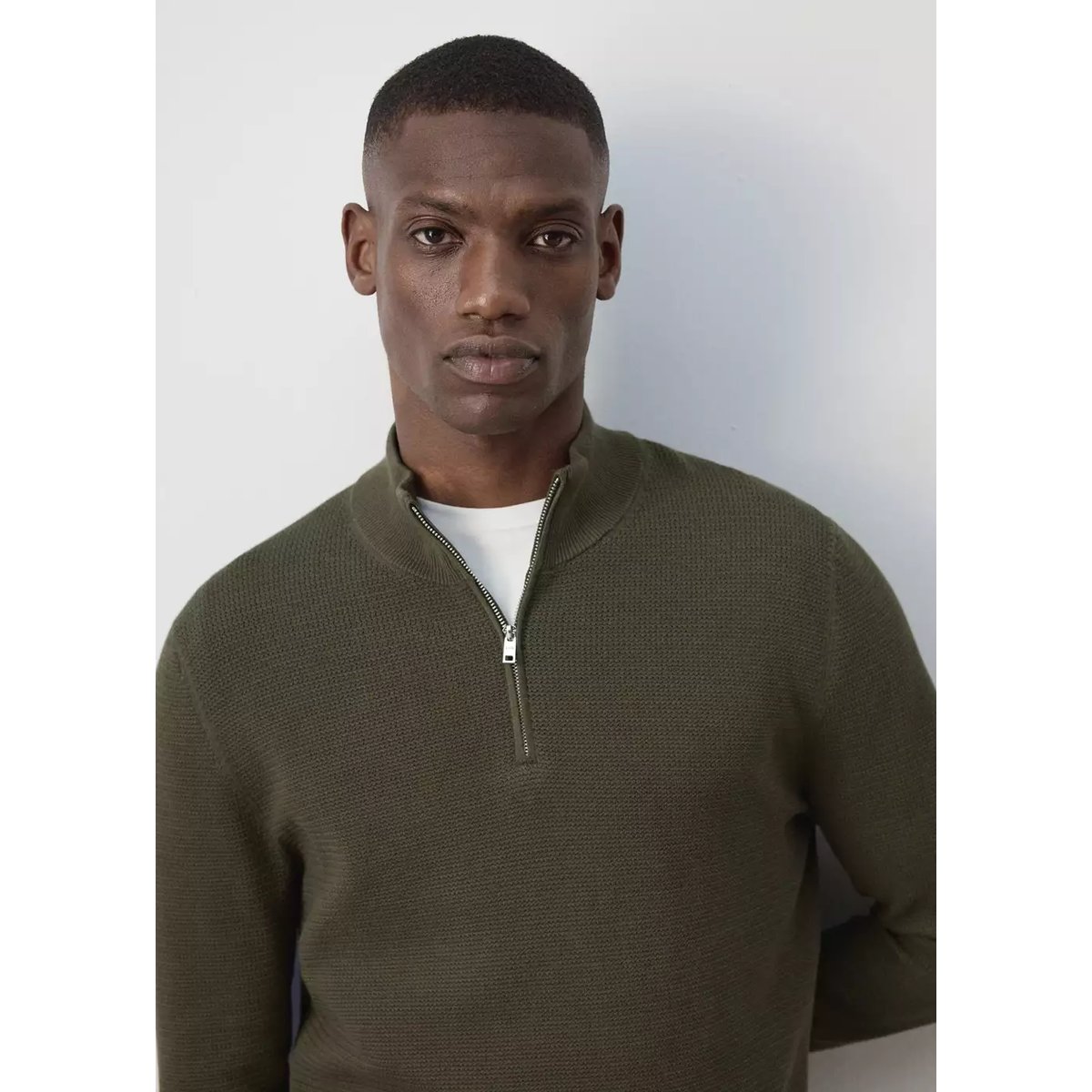 Pull-over maille fine fermeture Éclair olive, MANGO MAN