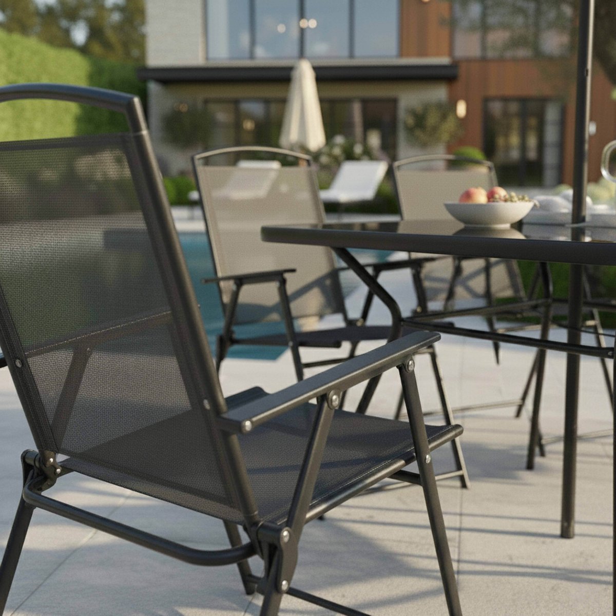 Salon de jardin table et 6 chaises avec parasol, BORMES gris anthracite, OVIALA