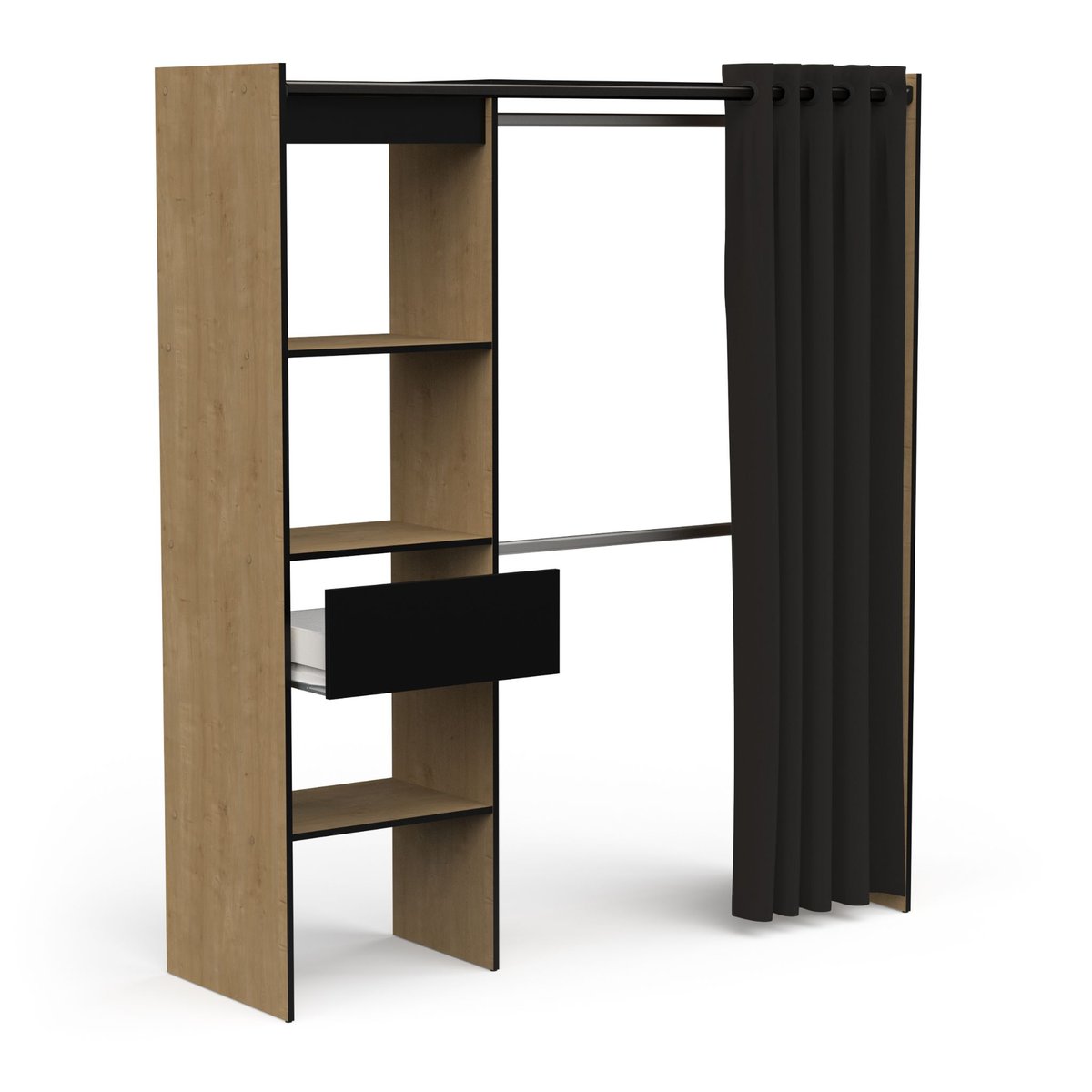 Dressing ouvert avec rideau, extensible bois foncé, TERRE DE NUIT