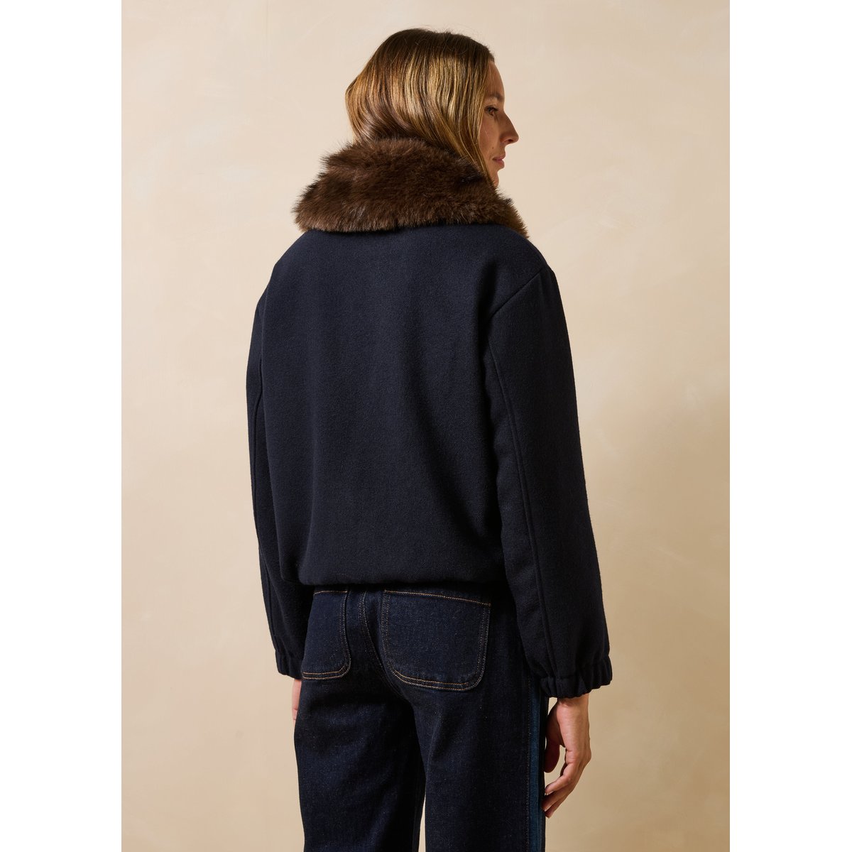 Blouson bomber en lainage col imitation fourrure marine, LA FEE MARABOUTEE