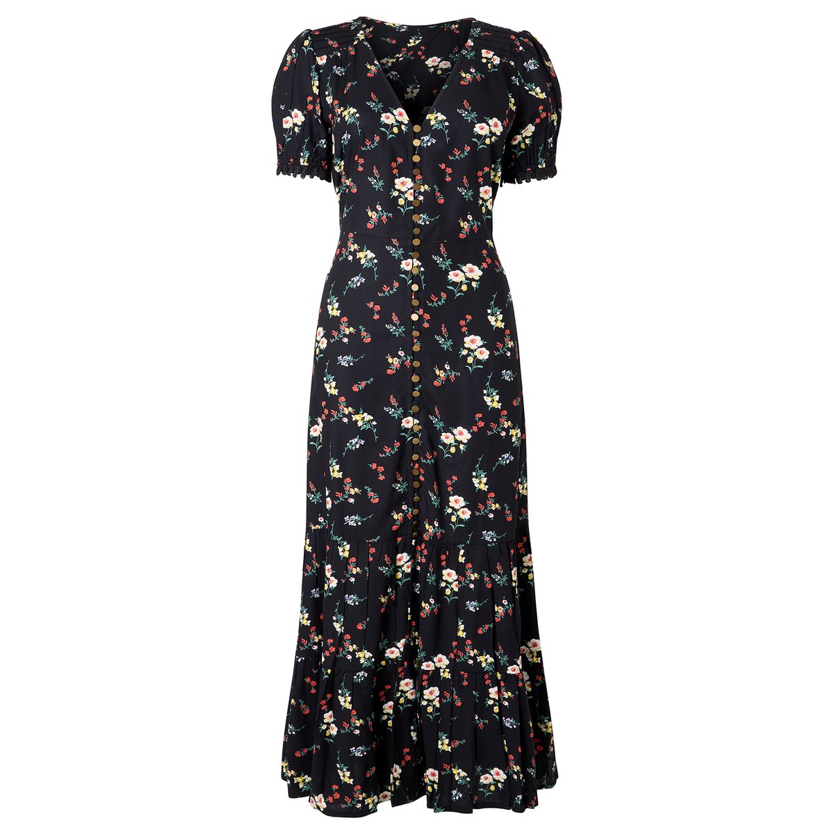 Adorable Robe Longue Boutonnée à Petites Fleurs noir, JOE BROWNS