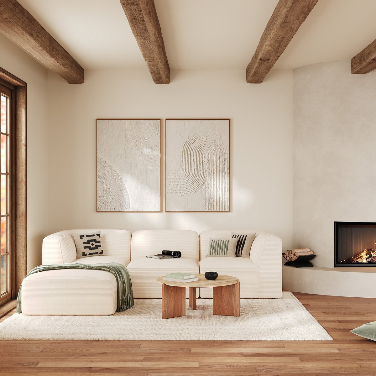 Canapé modulable en velours avec pouf - MINA blanc cassé, MAISON PAVANE