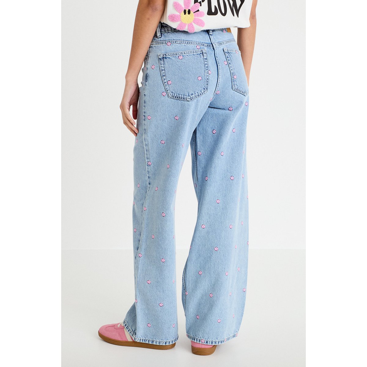 Jean wide leg taille haute brodé bleu foncé, CACHE CACHE
