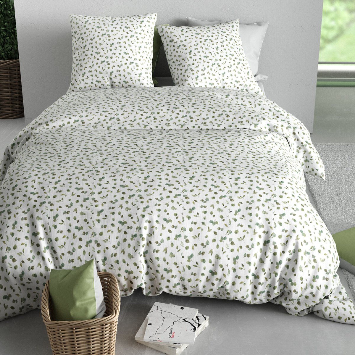 Paure coton imprimée couette et 2 taies, MERISE vert, ATELIER DU COTON
