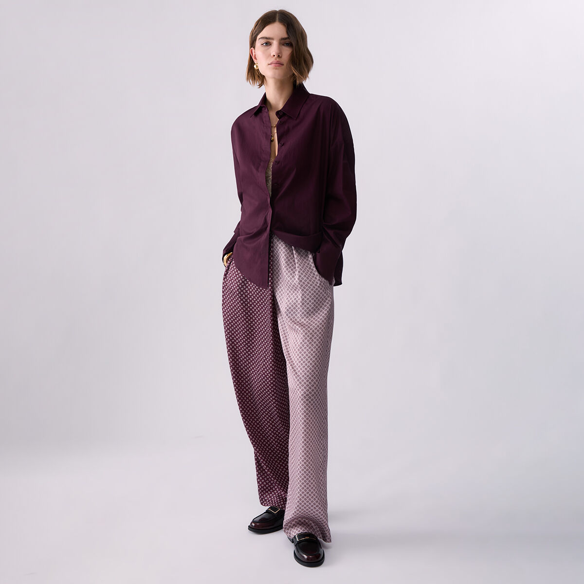 Chemise avec insert en satin jacquard aubergine, LIU JO