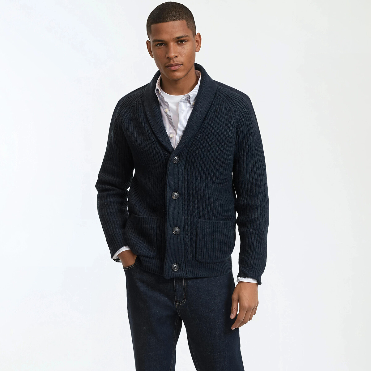 Shawl Collar Cardigan in Chunky Knit navy blue, LA REDOUTE COLLECTIONS