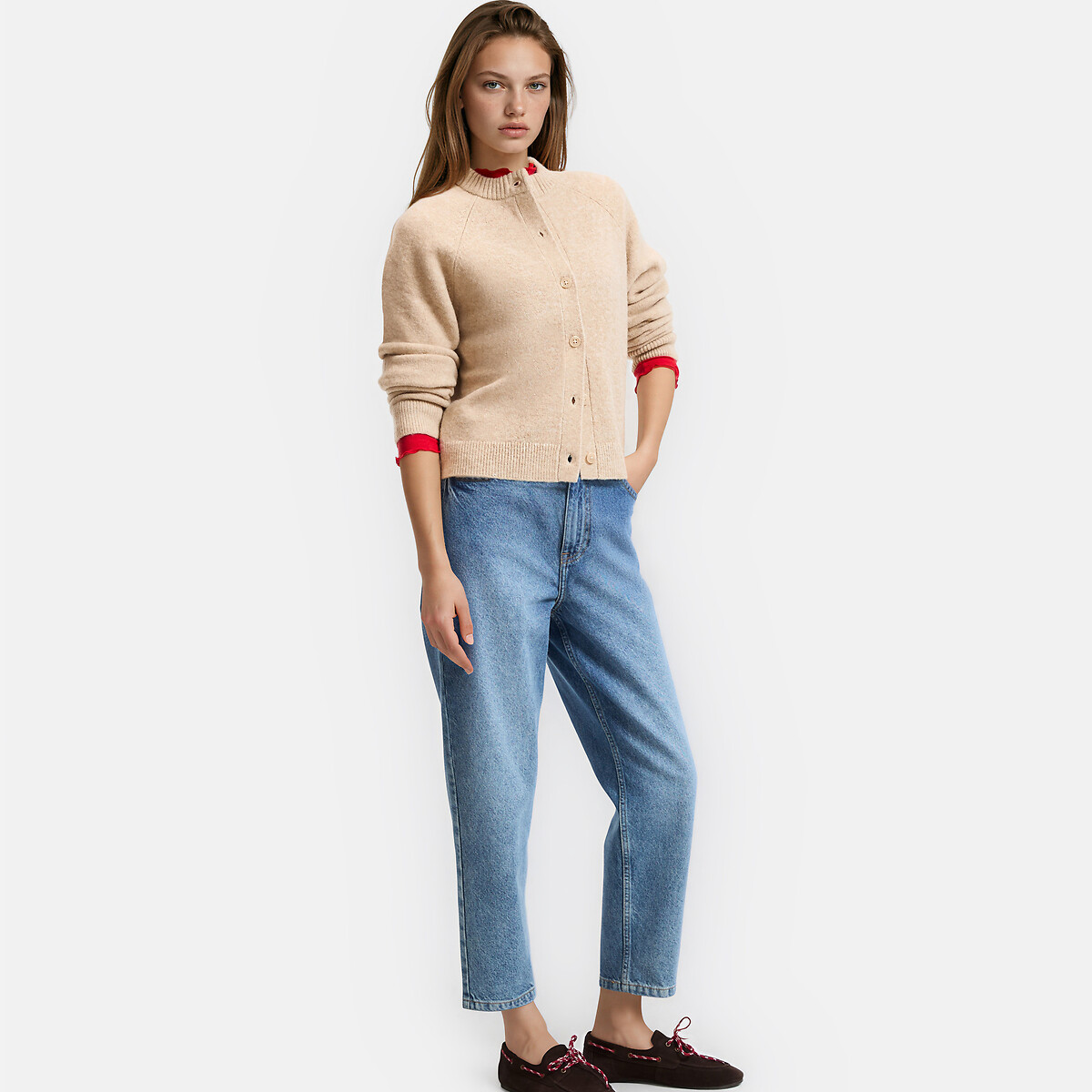 Cárdigan con cuello redondo de punto grueso beige              , LA REDOUTE COLLECTIONS
