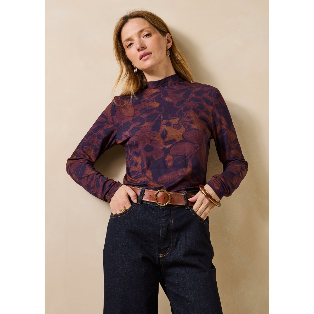 T-shirt manches longues col montant à imprimé floral viola/tandoori, LA FEE MARABOUTEE