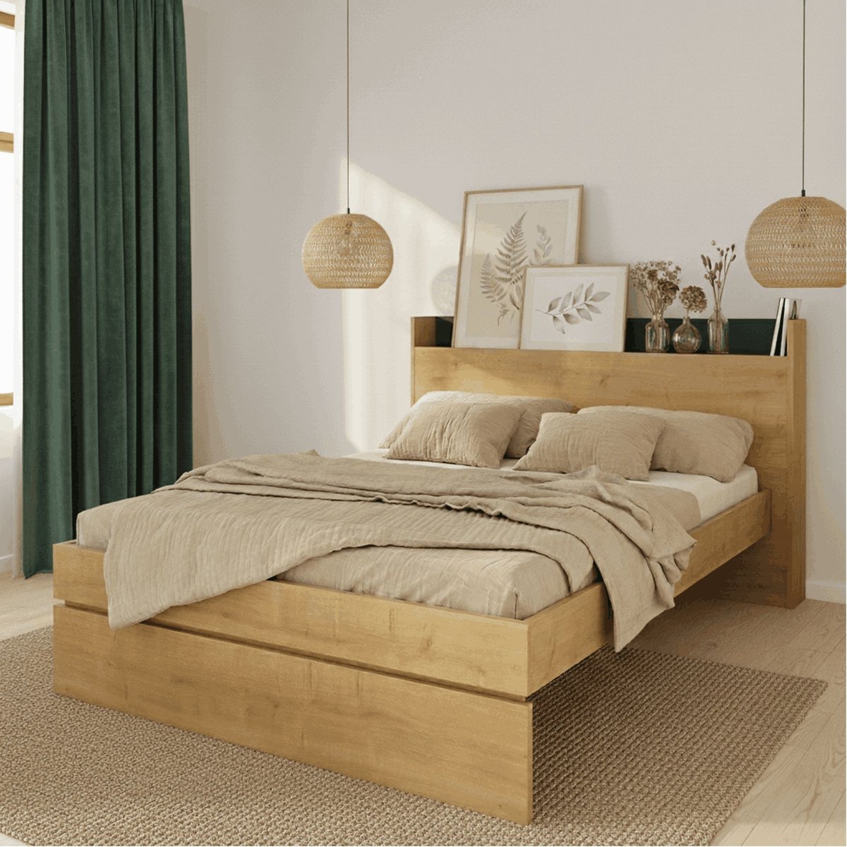 Lit en bois avec tete de lit bois naturel, TERRE DE NUIT