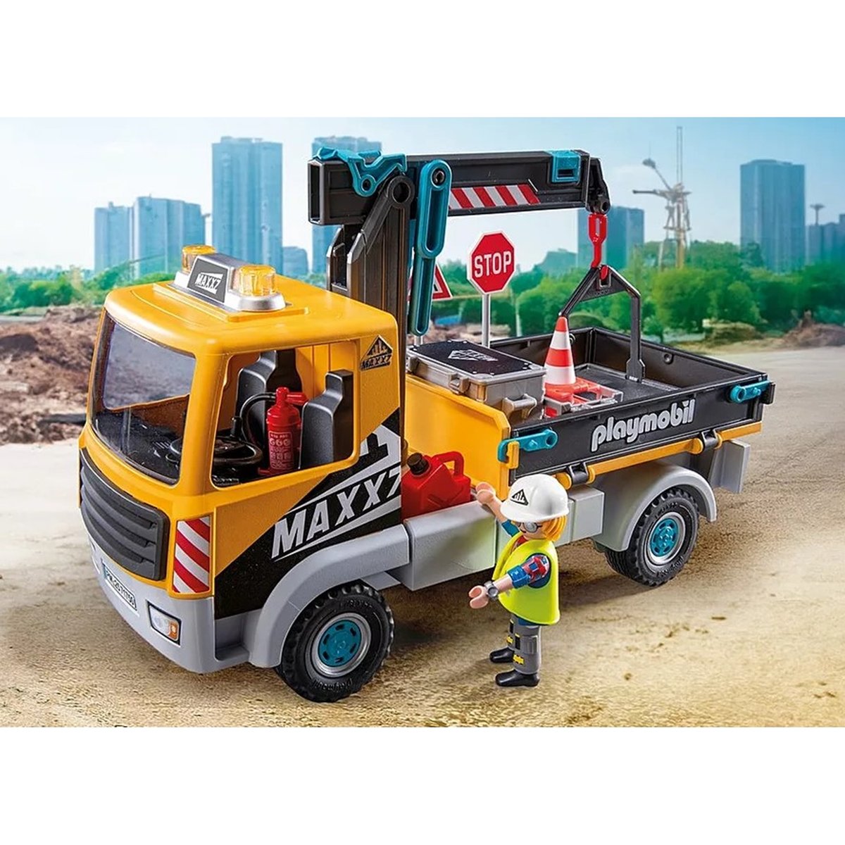 Heroes Camion de chantier avec grue et ouvrier et accessoires camion de chantier avec grue et ouvrier et accessoires, PLAYMOBIL