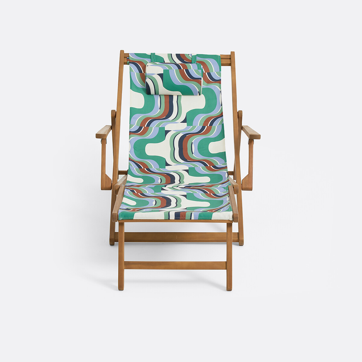 Chaise longue en acacia massif, tissu avec motif graphique, SONGE VERT vert/bleu, MAPOÉSIE X LA REDOUTE INTÉRIEURS