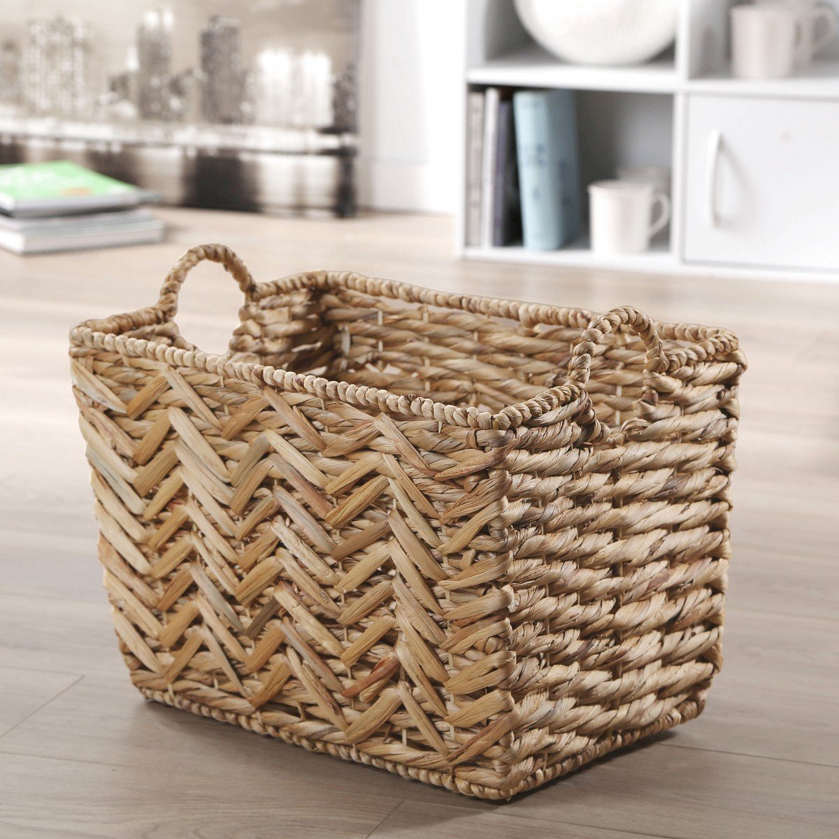 Panier haut en jacinthe d'eau - L46cm x H32 cm bois clair, CALICOSY