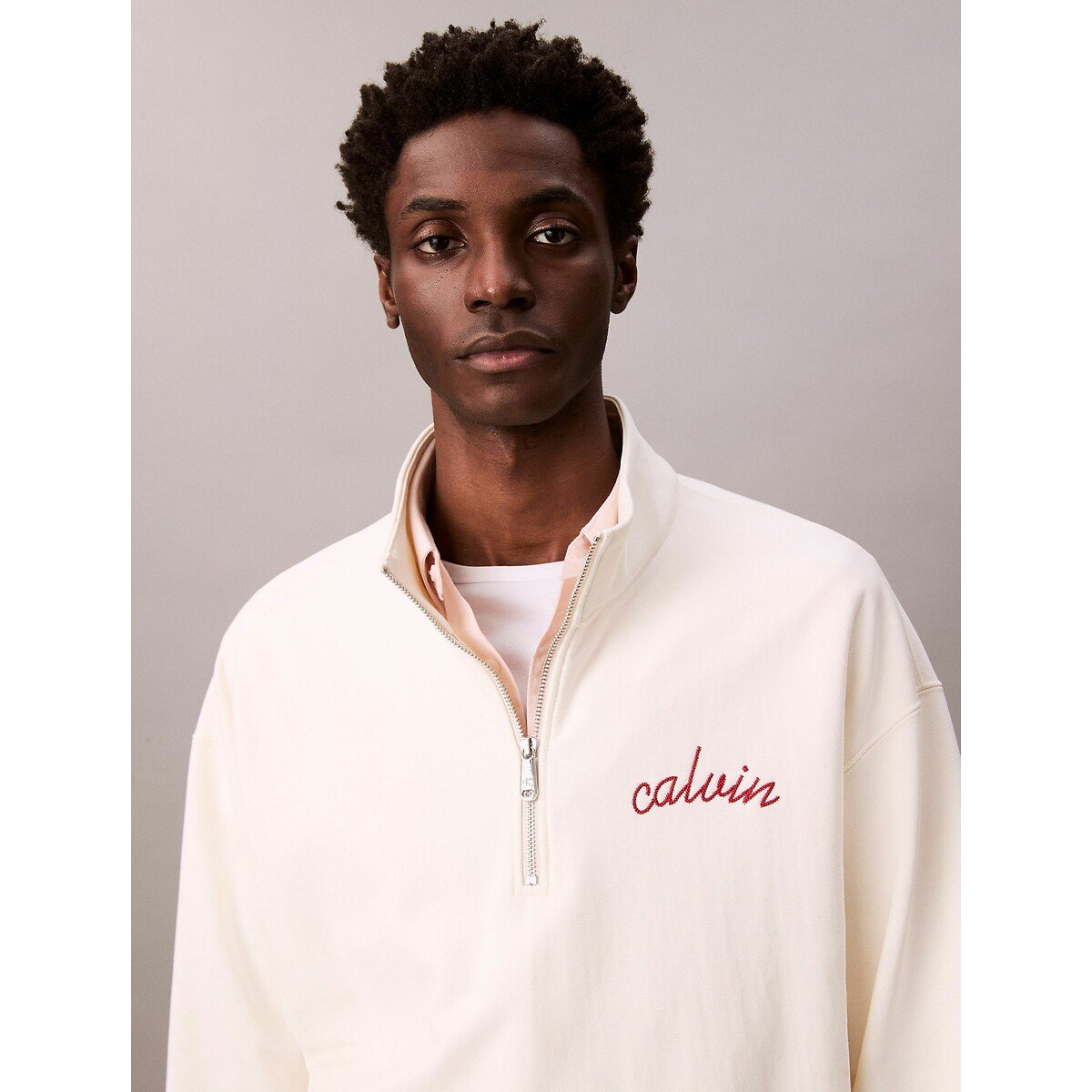 Half Zip High Neck Sweatshirt cream, CALVIN KLEIN JEANS
