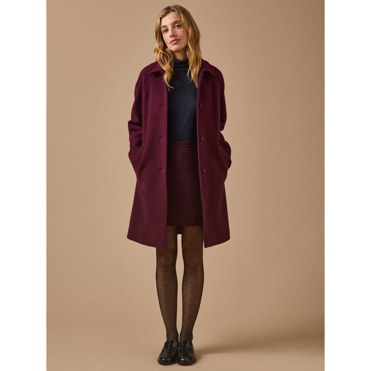 Manteau mi-long lainage uni bordeaux, CYRILLUS