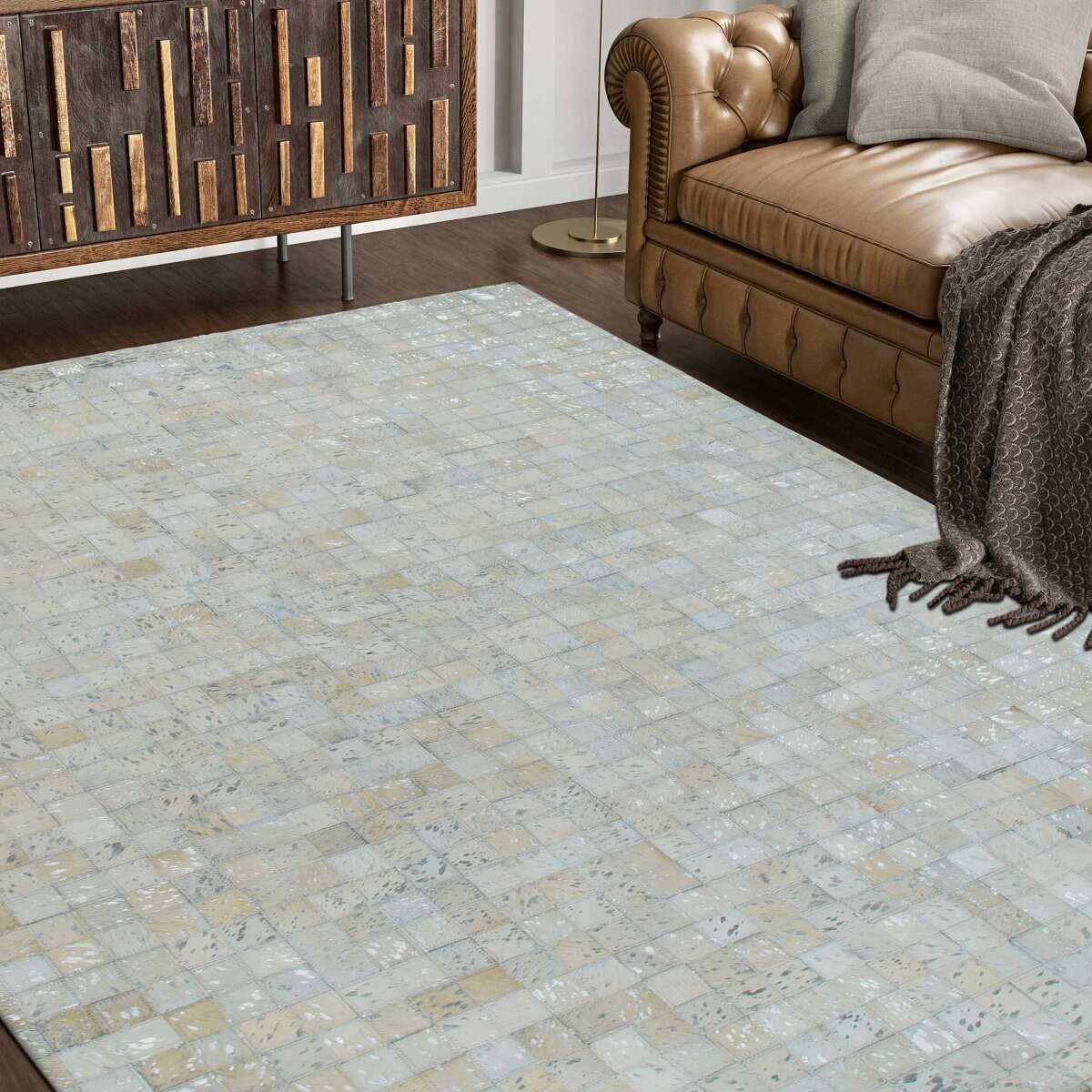 Tapis en cuirs recyclés et é CUIR MOZAIQUE METAL SILVER blanc, argenté, THE DECO FACTORY