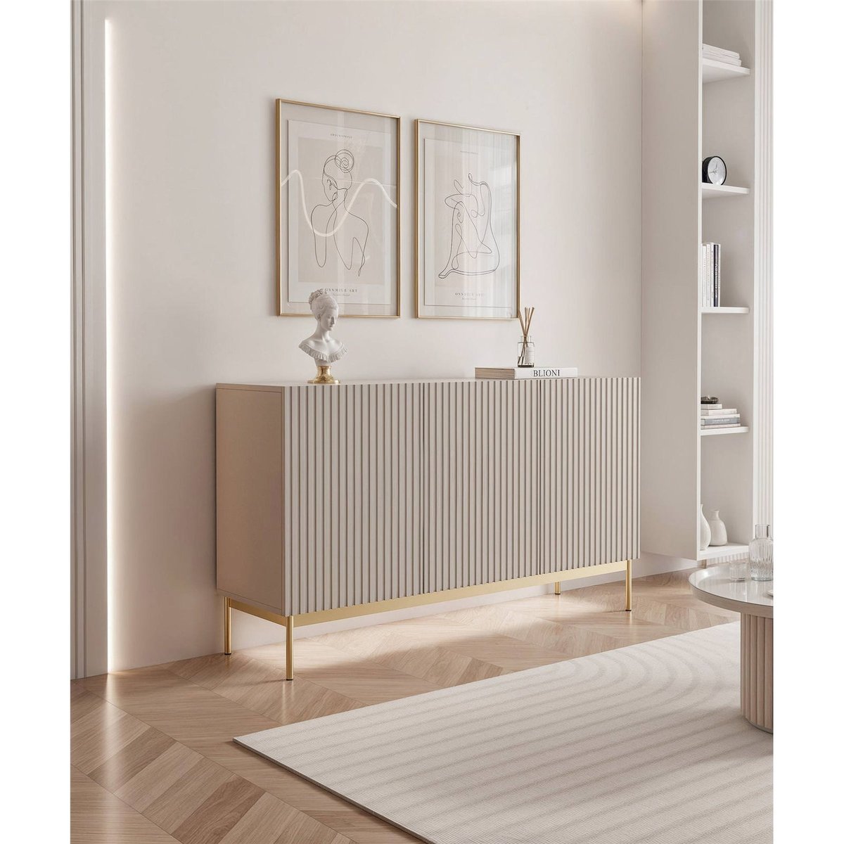 Buffet 3 portes rainurées LINEARIS avec LED cachemire et doré, RECOLLECTION