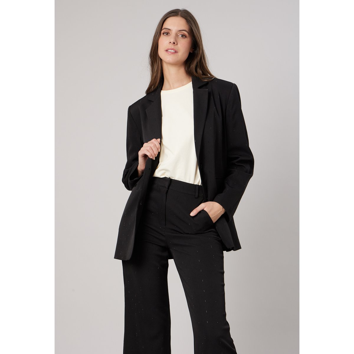 Veste tailleur femme droite à strass SAJARI black, DEELUXE