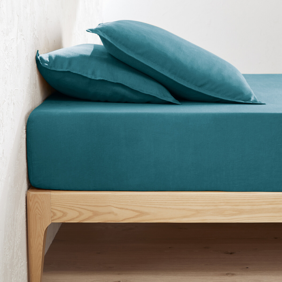 Drap housse lin lavé, bonnet 35 cm, Linot bleu adriatique, LA REDOUTE INTERIEURS