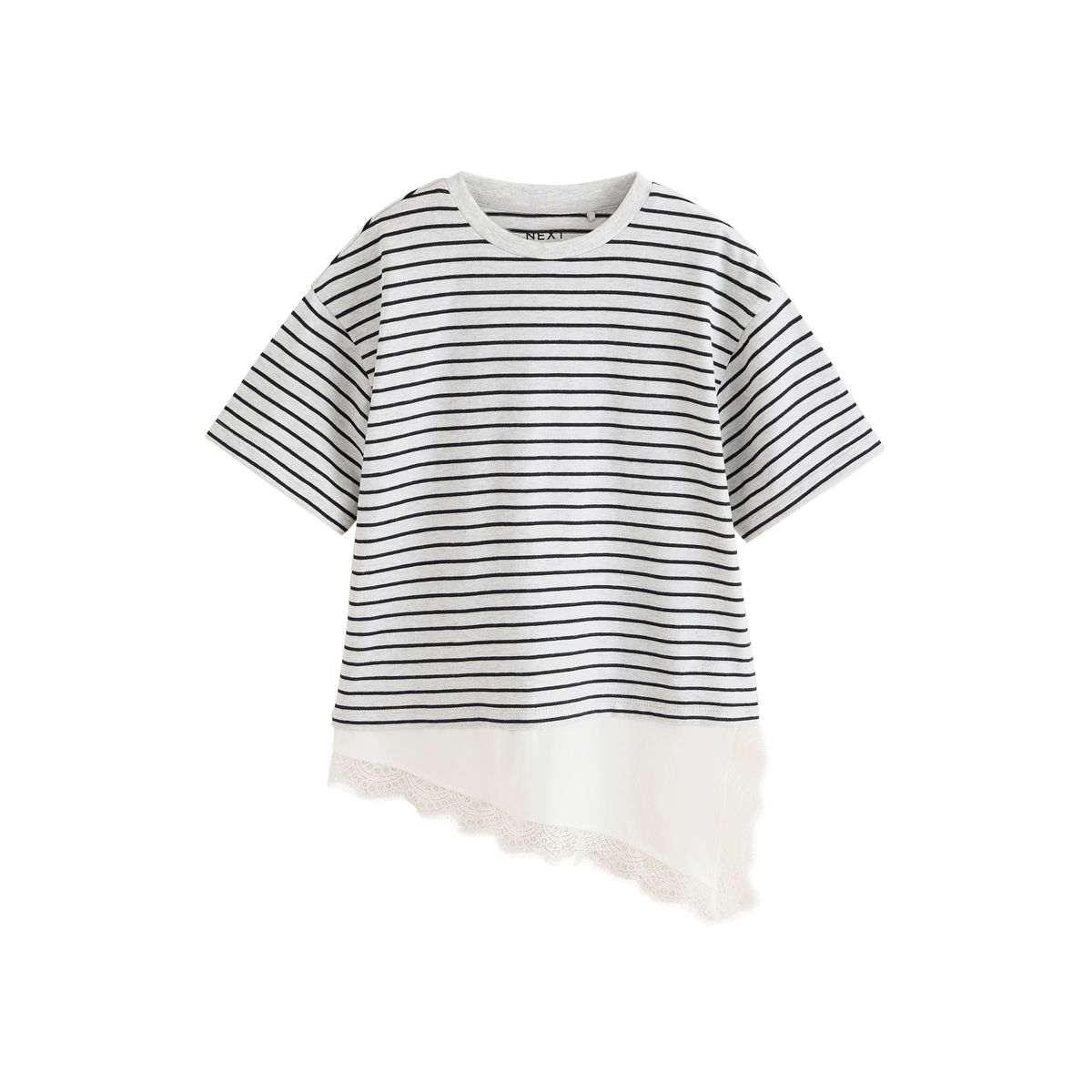 T-shirt à ourlet en dentelle asymétrique gris rayé, NEXT