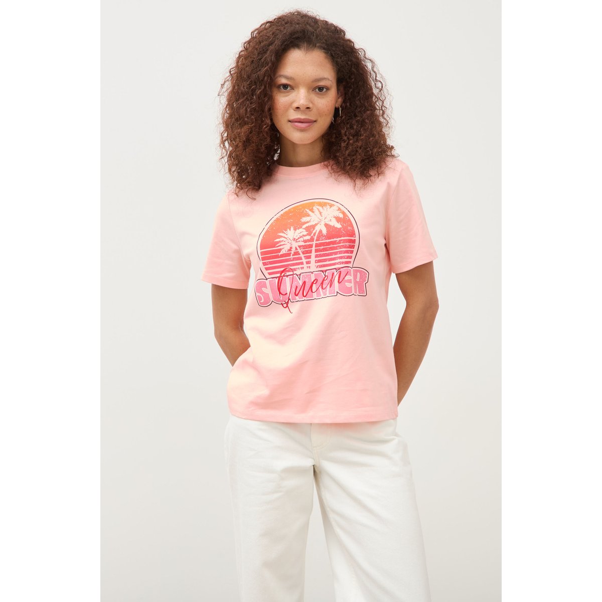 T-shirt droit col rond manches courtes rose saumon, BONOBO