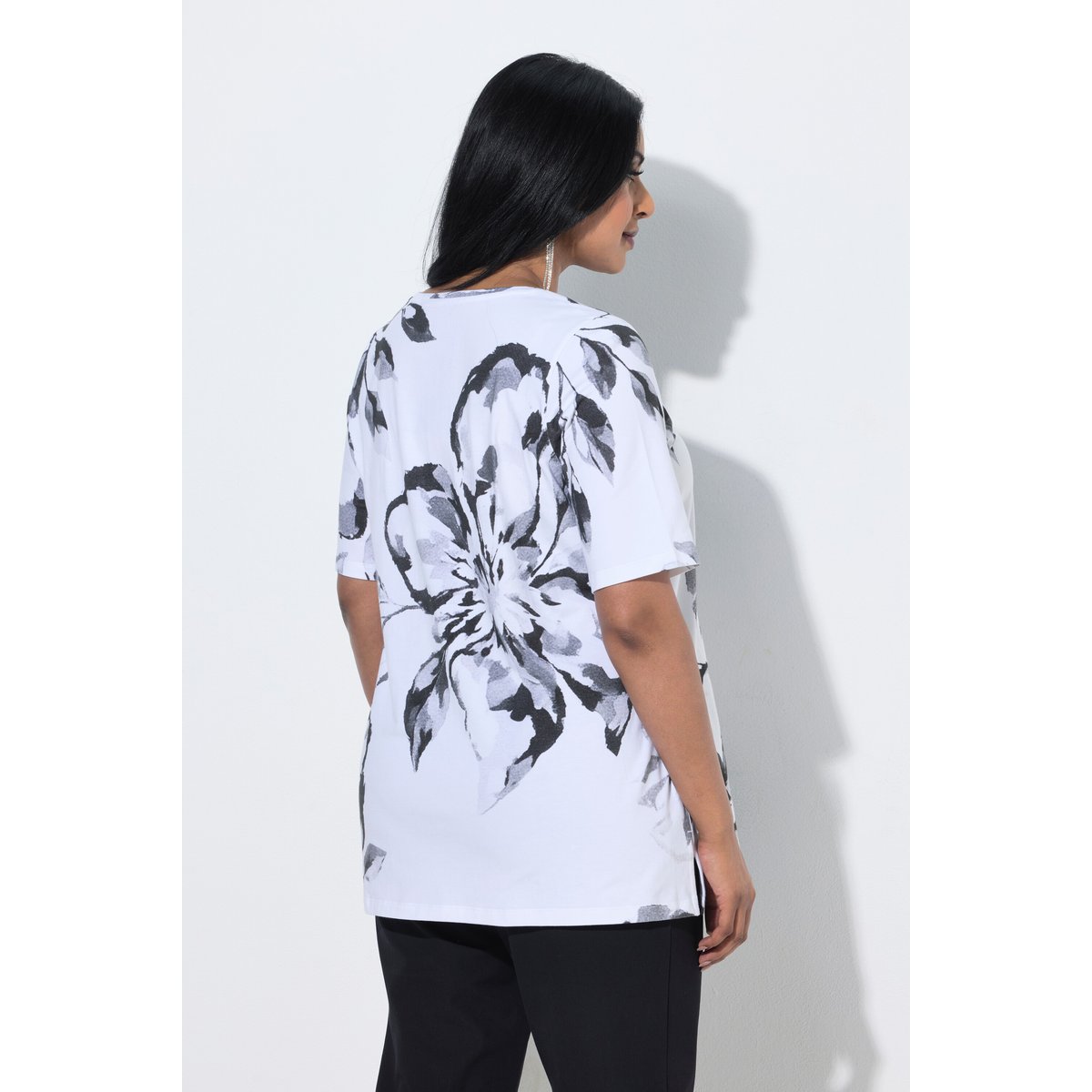 T-shirt en coton Pima, motif floral blanc neige, ULLA POPKEN