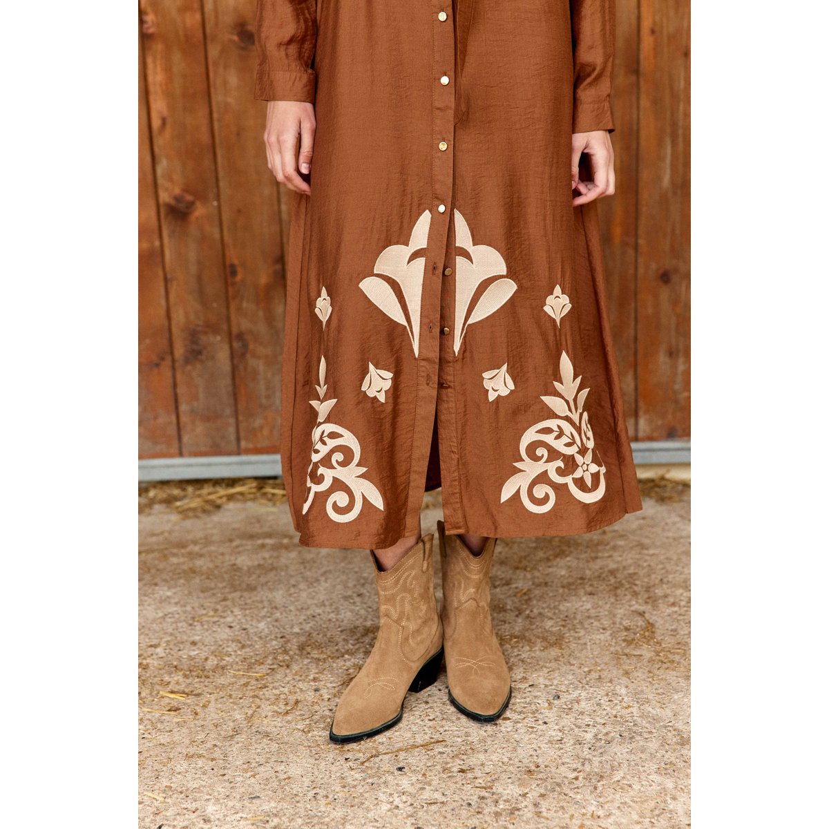 Robe longueur midi chemise imprimé broderie ROLINE 15-camel, LA PETITE ETOILE