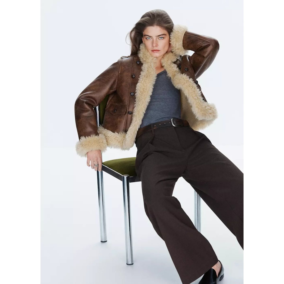 Veste en cuir synthétique avec finitions effet mouton marron, MANGO