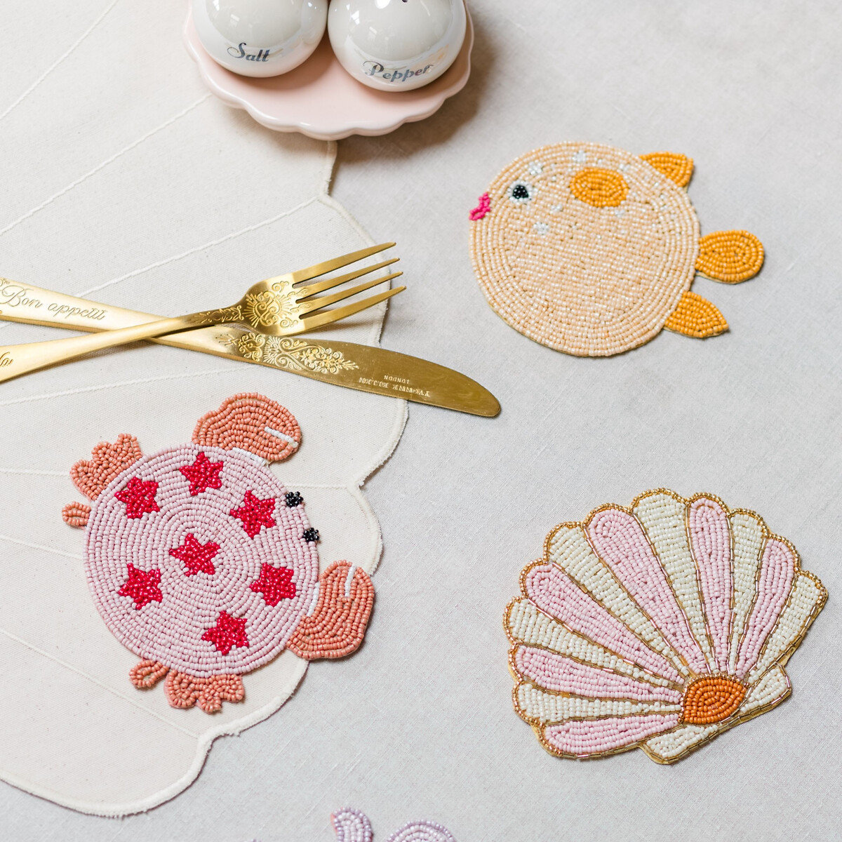 Set of 4 'Uner The Sea' Beaded Animal Coasters multi-coloured, YVONNE ELLEN