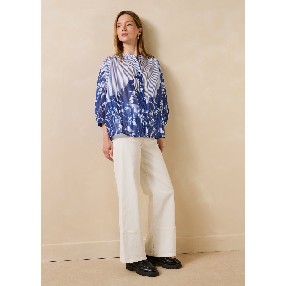 Chemise en lyocell à rayures et motif floral bleu, LA FEE MARABOUTEE