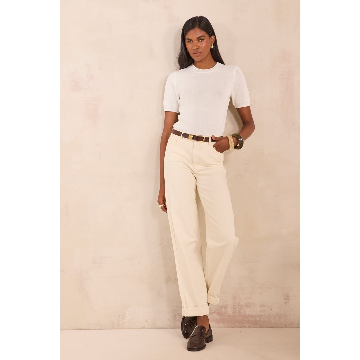 Jean large en coton mélangé AGATHE creme, Maison 123