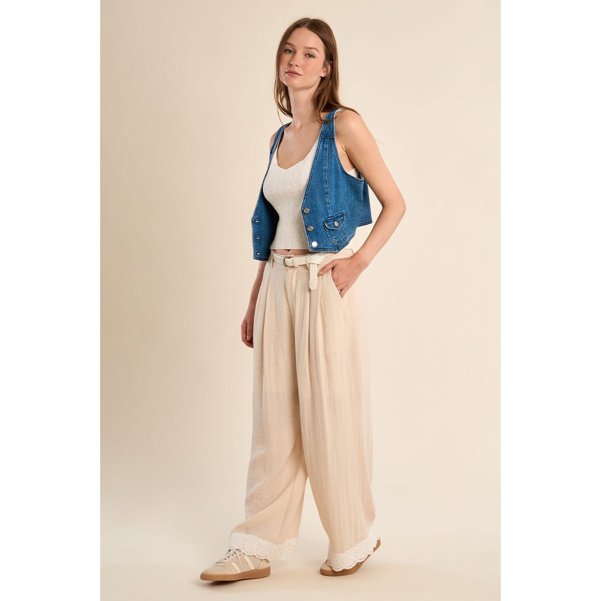 Pantalon droit taille haute, détail dentelle offwhite, MOLLY BRACKEN