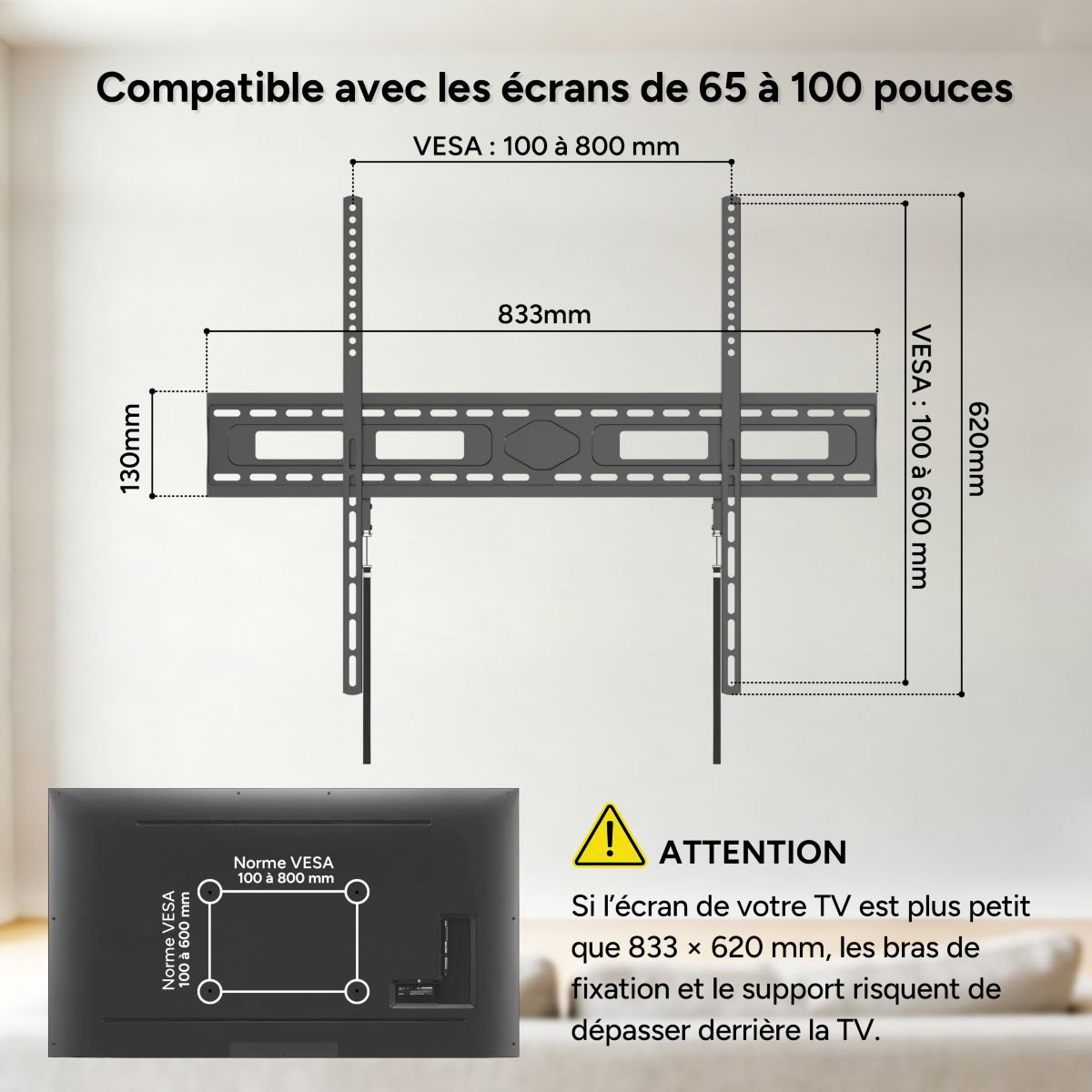 Support mural TV télé fixe 65''-100'' couleur unique, LISTO