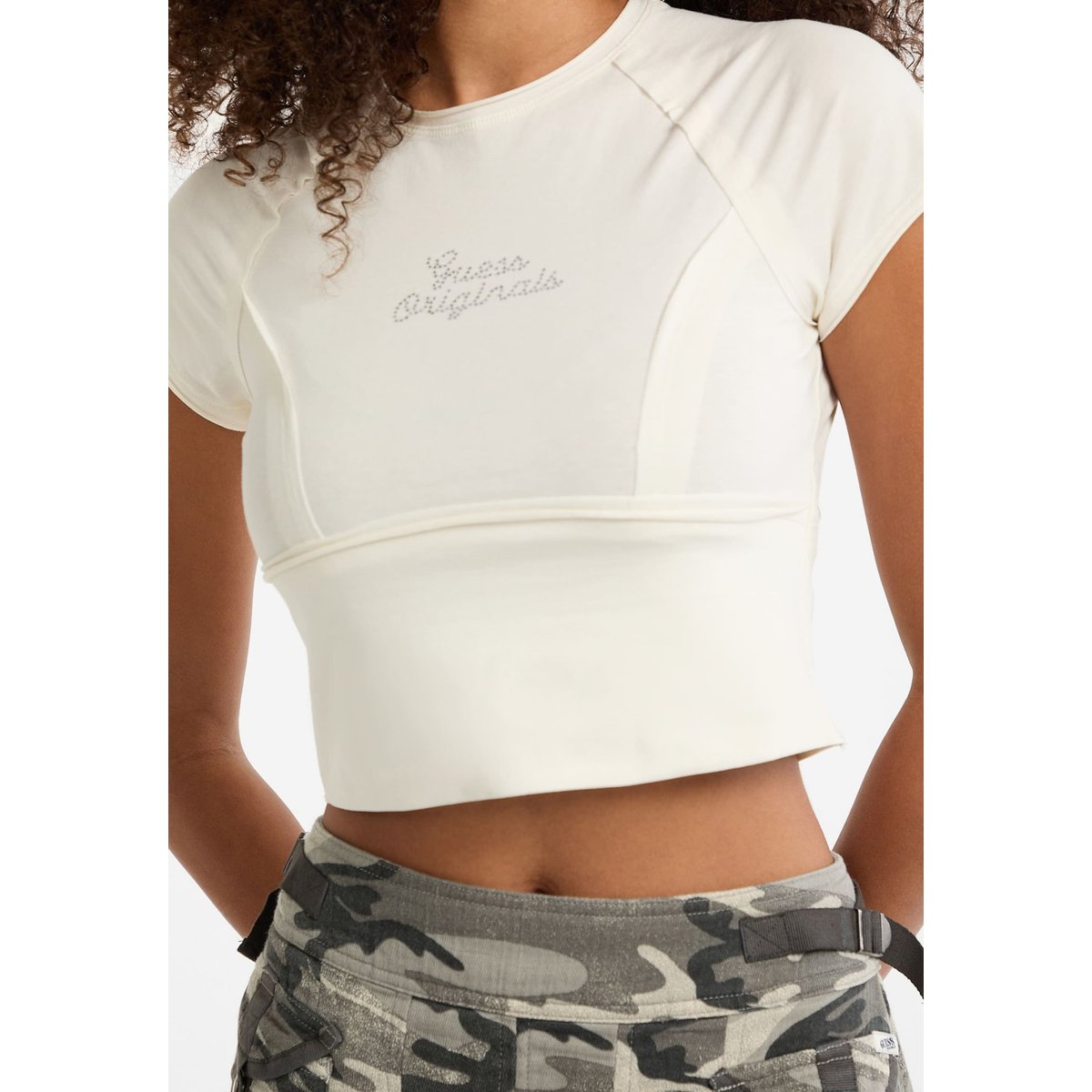 T-Shirt Logo Strass crème, GUESS JEANS