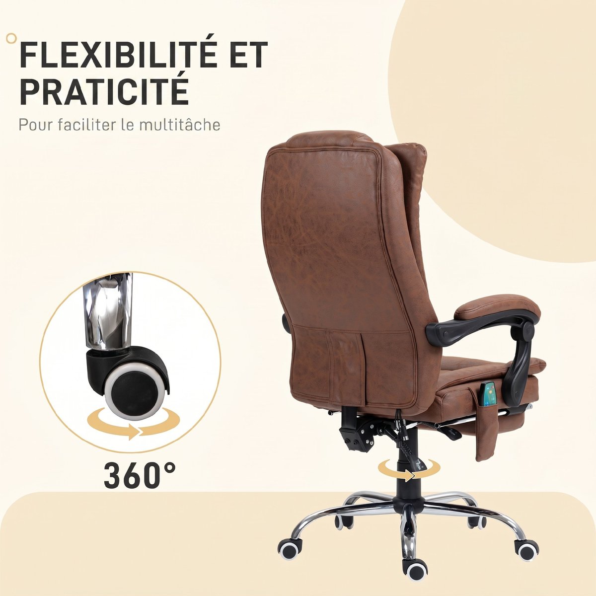 Fauteuil de bureau avec fonction massage marron, HOMCOM