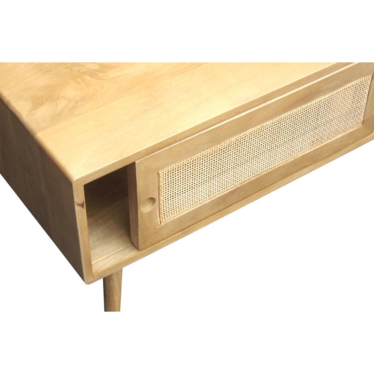 Table basse rectangulaire avec rangements en bois manguier massif et cannage rotin L100 cm ACANGE chêne clair, MILIBOO