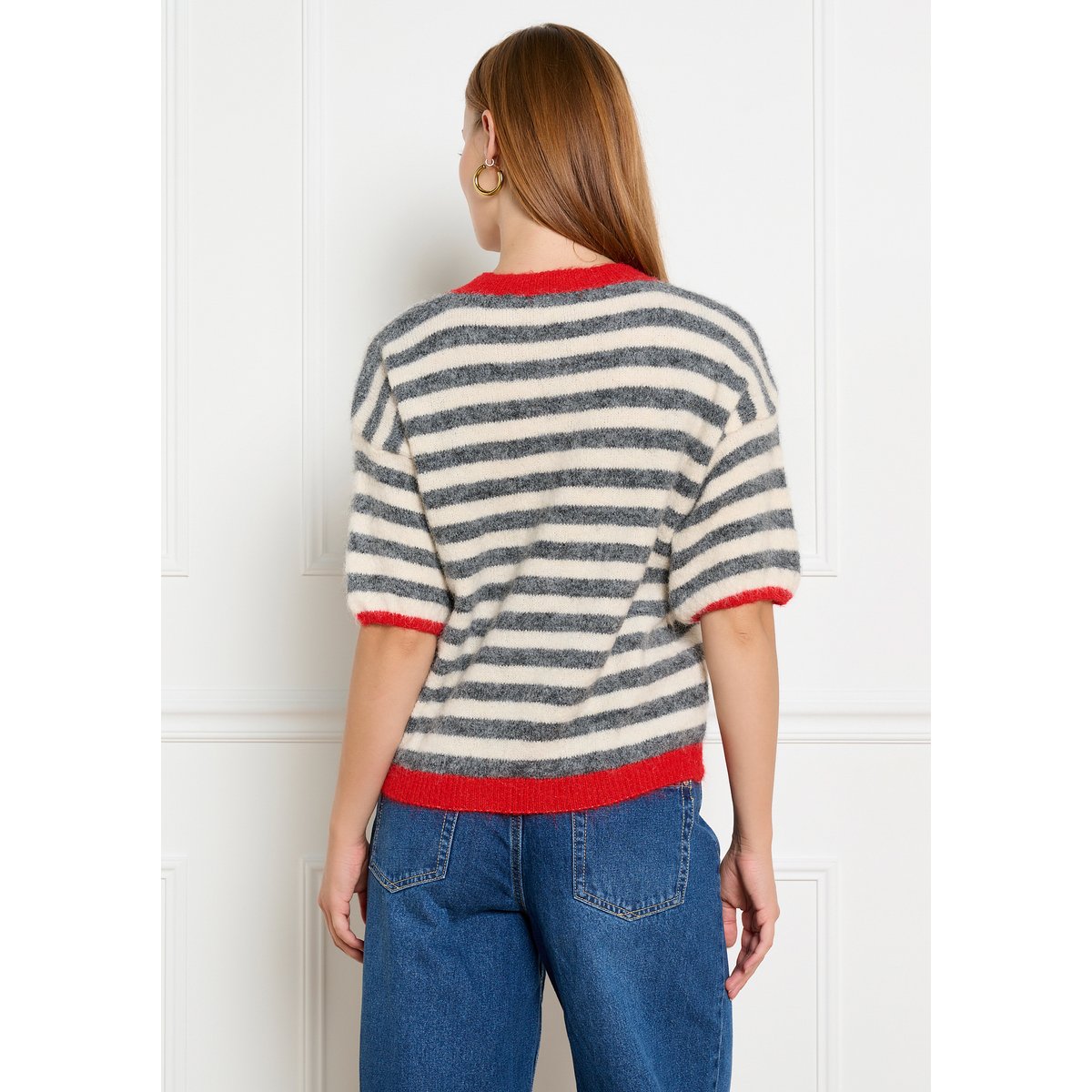 Pull rayé à manches courtes gris, LOLALIZA