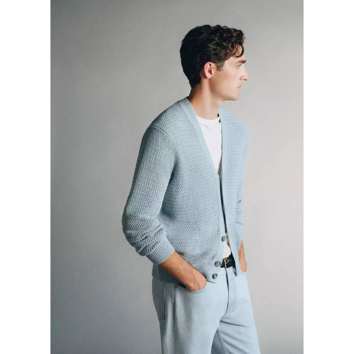 Cardigan 100 % coton filé Pinori Filati bleu ciel, MANGO MAN