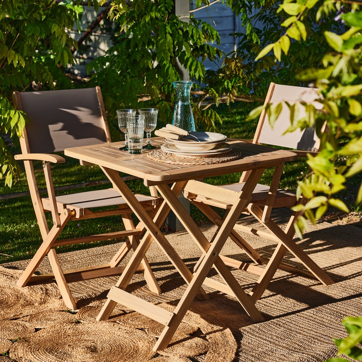 Salon de jardin, 2 chaises, JAVA LIGHT bois clair, textilène beige, DEFORA HOME