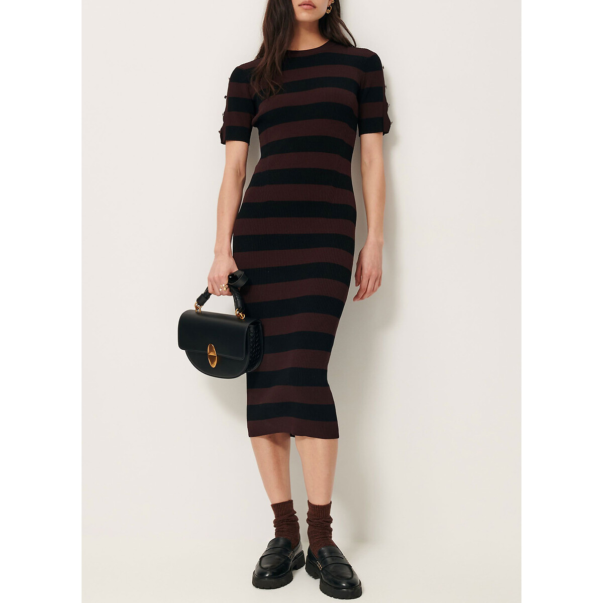 Robe mi-longue en maille rayée, MOORE noir/marron, SESSUN