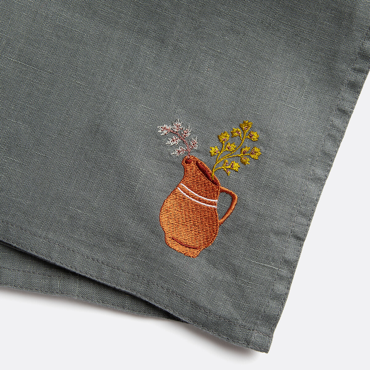 Set of 2 Lison Napkins in Embroidered Washed Linen grey-green, LA REDOUTE INTERIEURS